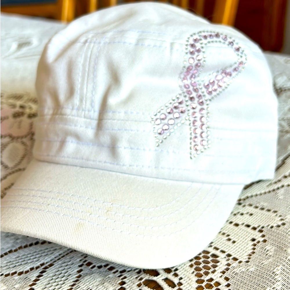 White cadet style breast cancer awareness cap. NWOT
